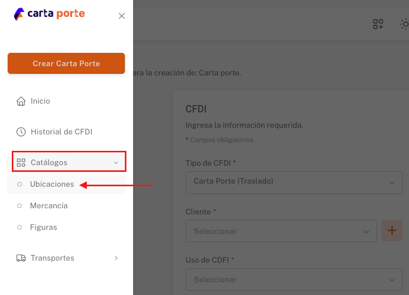 Vista del menú lateral izquierdo, señalando la opción Catálogos - Ubicaciones