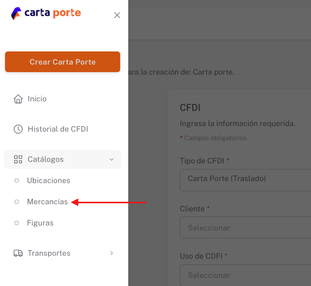 Vista del menú lateral izquierdo, señalando la opción Catálogos - Mercancías