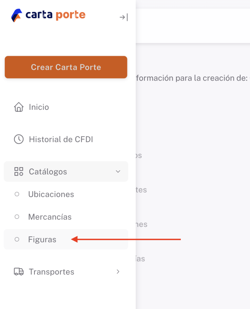 Vista del menú lateral izquierdo, señalando la opción Catálogos - Figuras