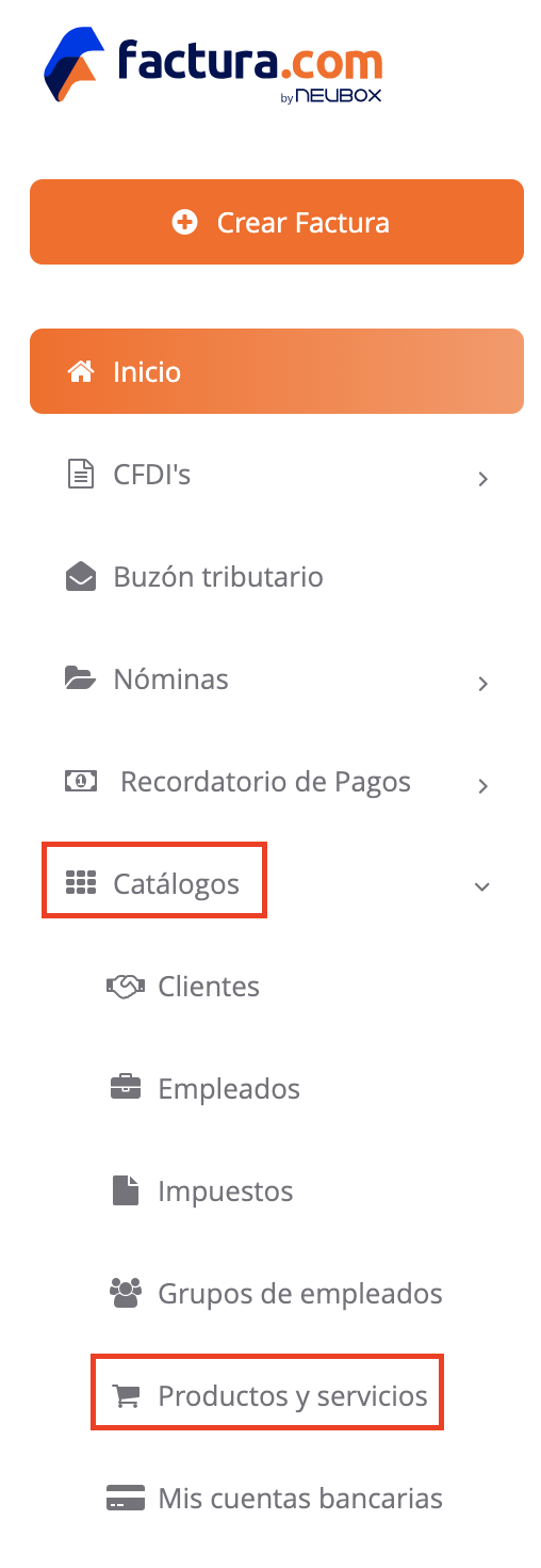 Menú lateral izquierdo señalando la opción productos y servicios