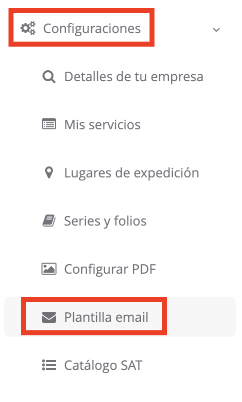 Menú lateral izquierdo Configuraciones - Plantilla email