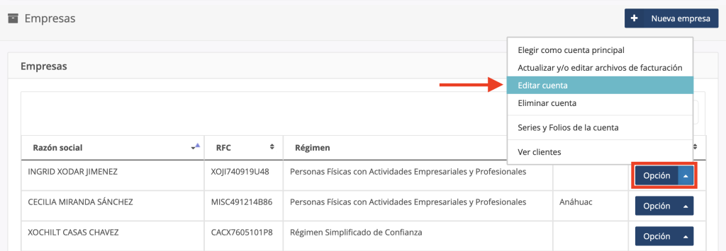 Opción - Editar cuenta