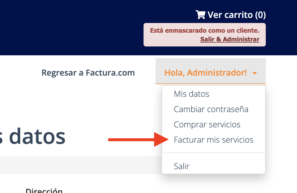 Menú del panel señalando "Facturar mis servicios"