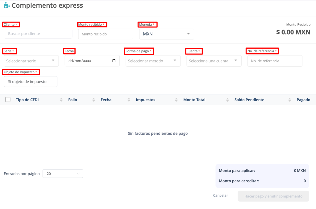 Panel del complemento de pago express