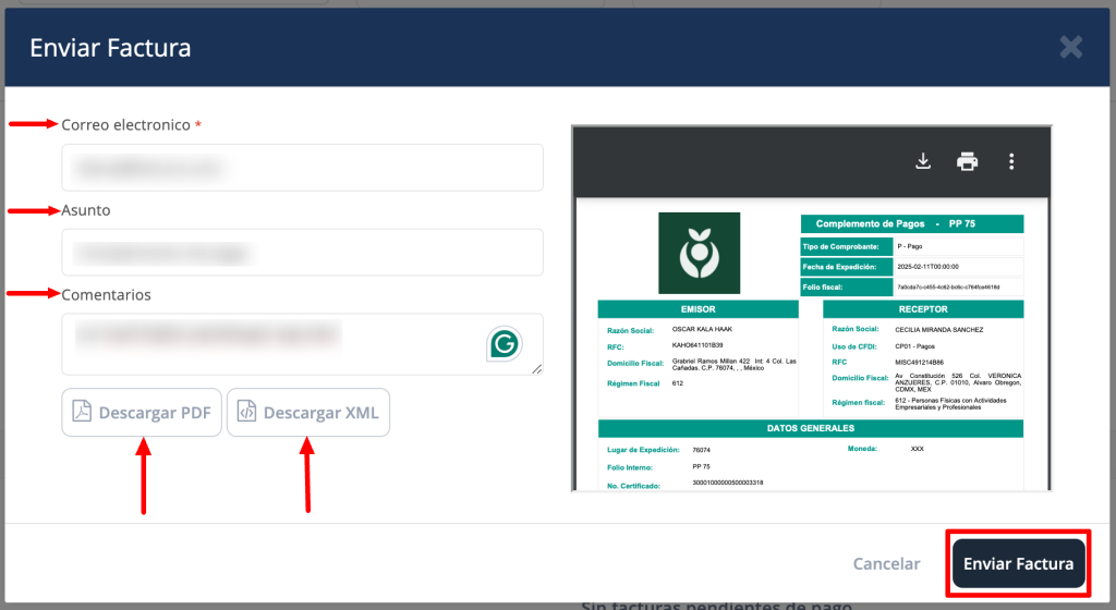 Ventana para envío del complemento de pago a otro correo que no esté registrado en el cliente