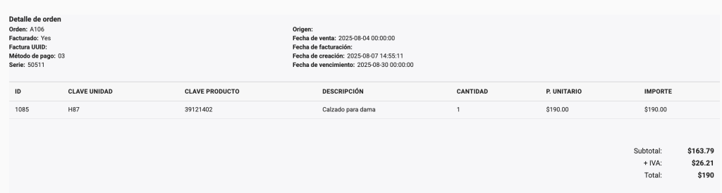 Detalle de una orden facturada