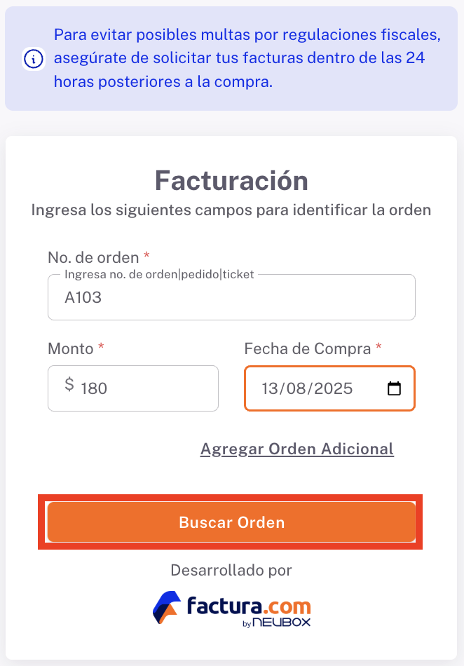 Vista del lado del cliente con los campos llenos