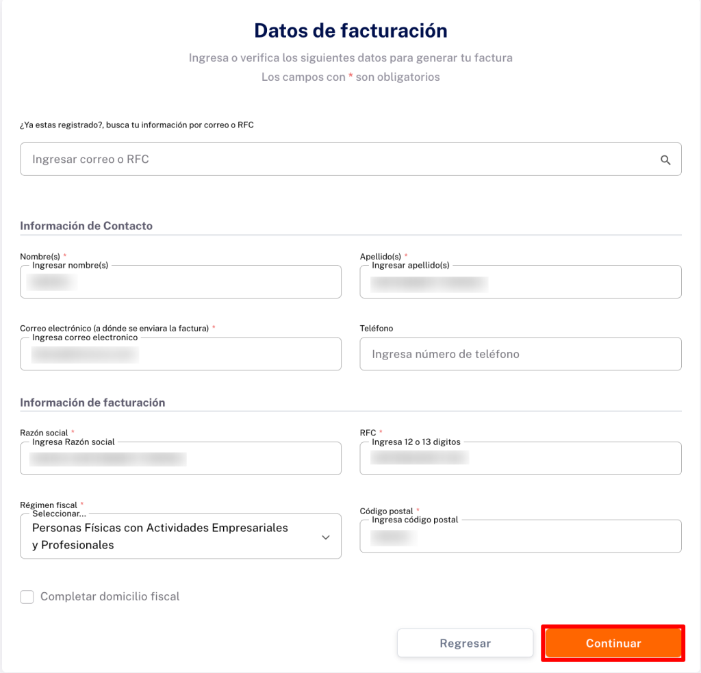 Vista del cliente donde debe llenar su información fiscal