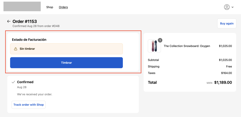 Vista de una orden como cliente de la tienda