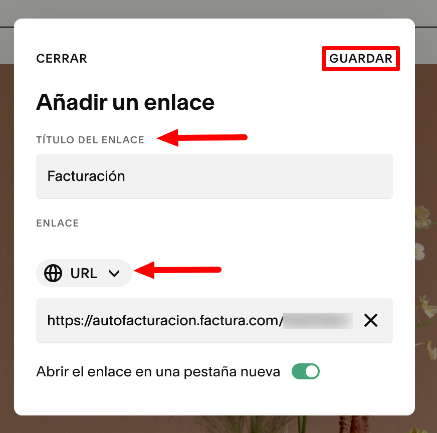 Ventana para configurar el apartado de facturación en tu sitio