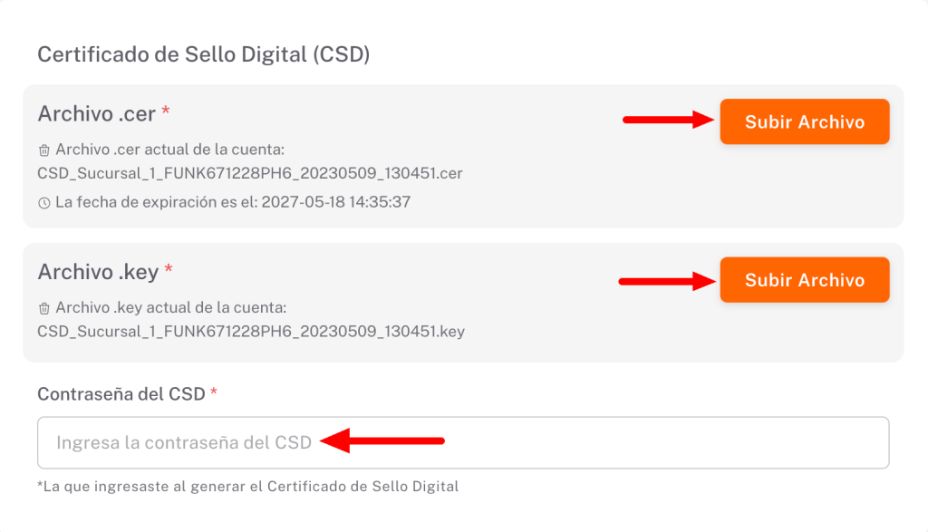 Apartado para agregar los archivos del CSD