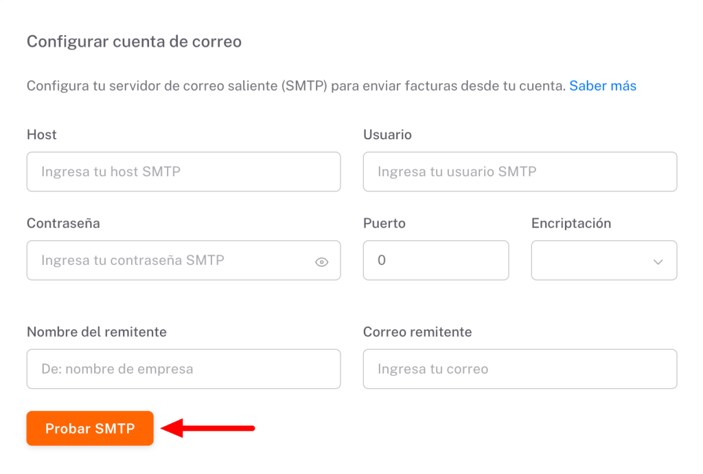 Apartado para agregar los datos de configuración del protocolo SMTP señalando la posibilidad de probar dicha configuración
