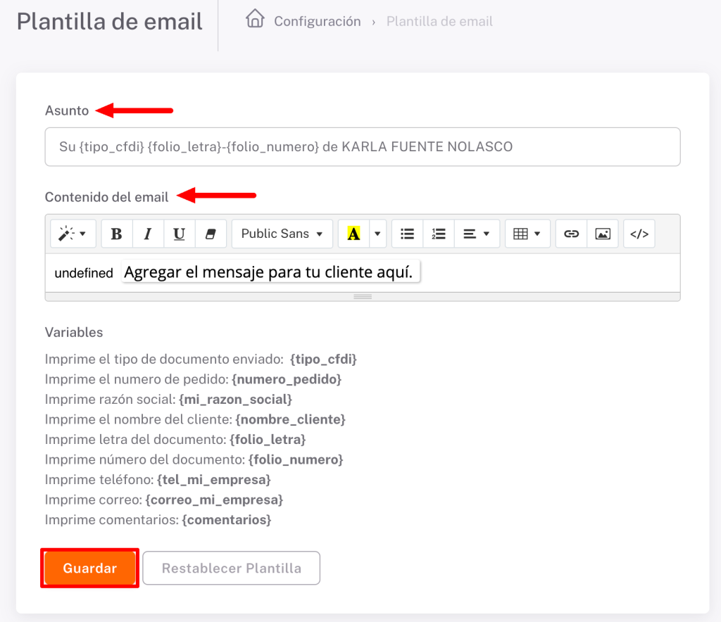 Vista de la plantilla email a configurar