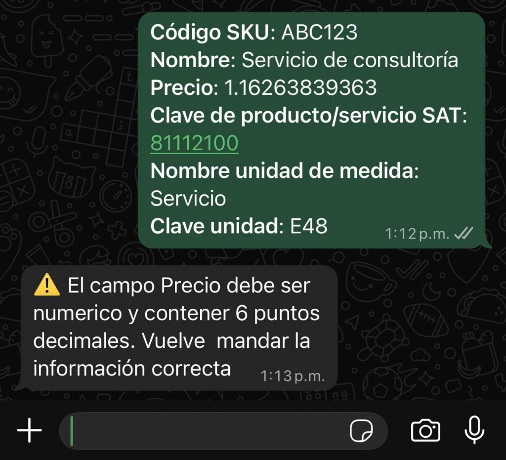 Mensaje de error en la creación de un producto/servicio