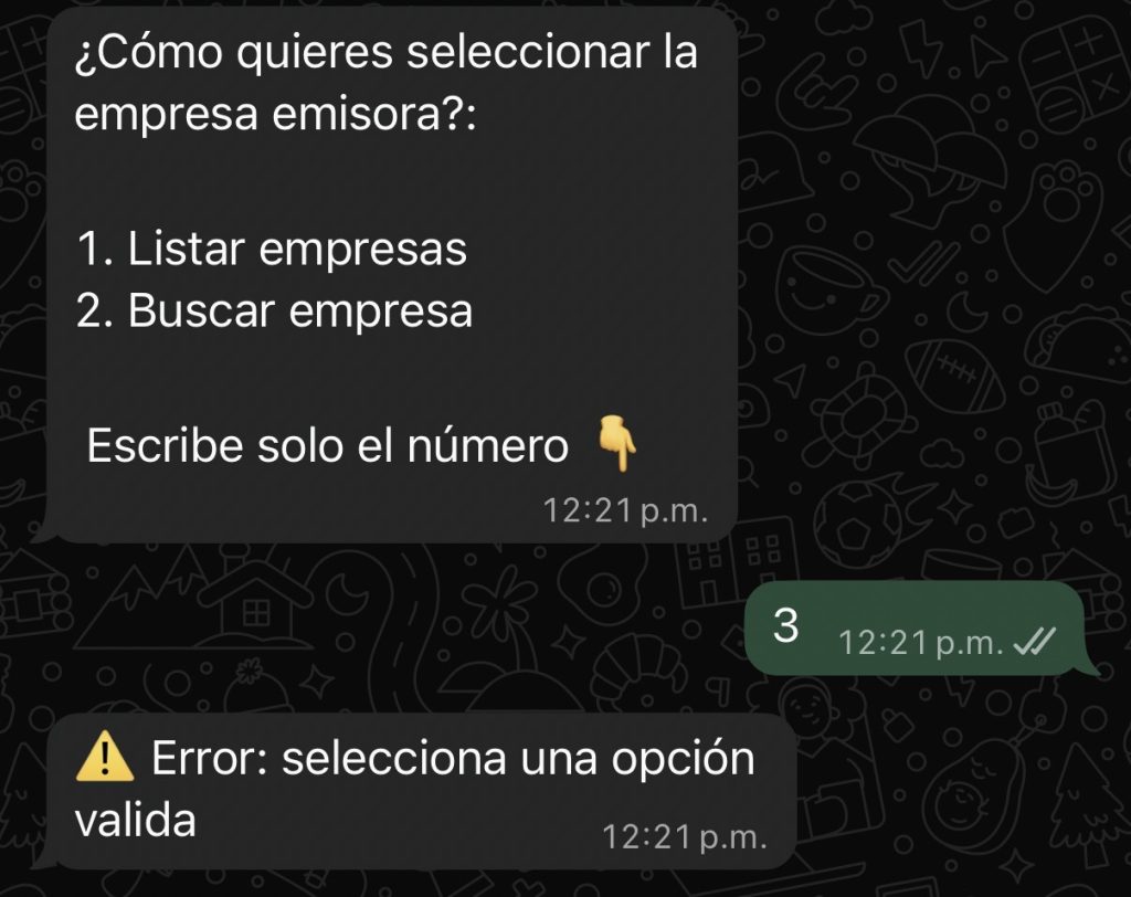 Mensaje de error cuando se selecciona una opción no válida
