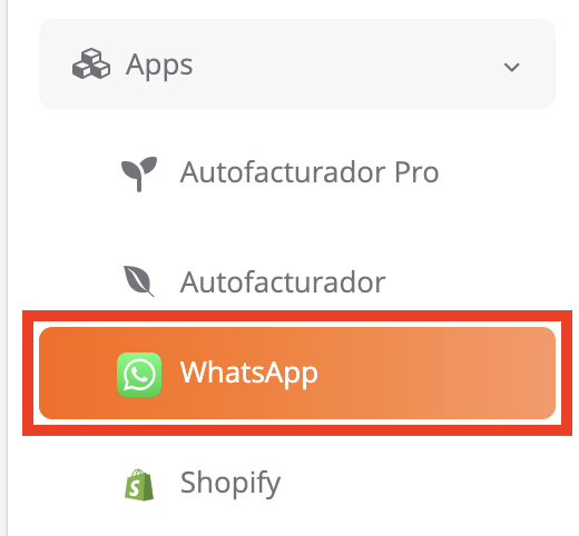 Vista del menú lateral izquierdo, señalando el apartado para WhatsApp