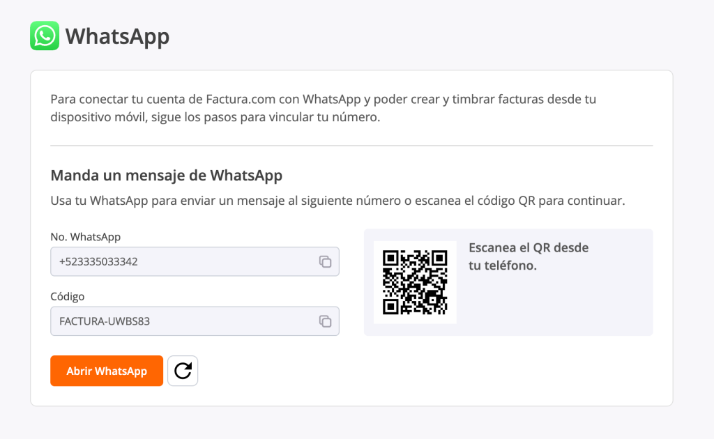 Vista del panel para conectar tu WhatsApp con tu cuenta de factura.com