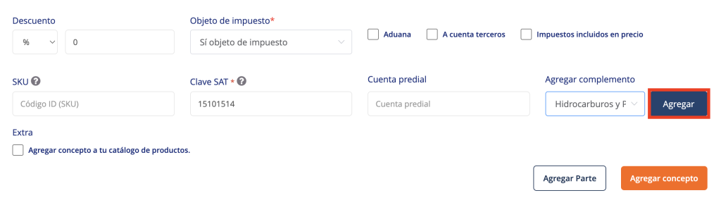 Sección conceptos señalando el botón "Agregar"