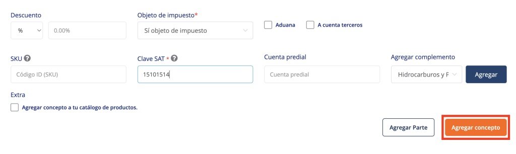 Sección conceptos señalando el botón “Agregar concepto”