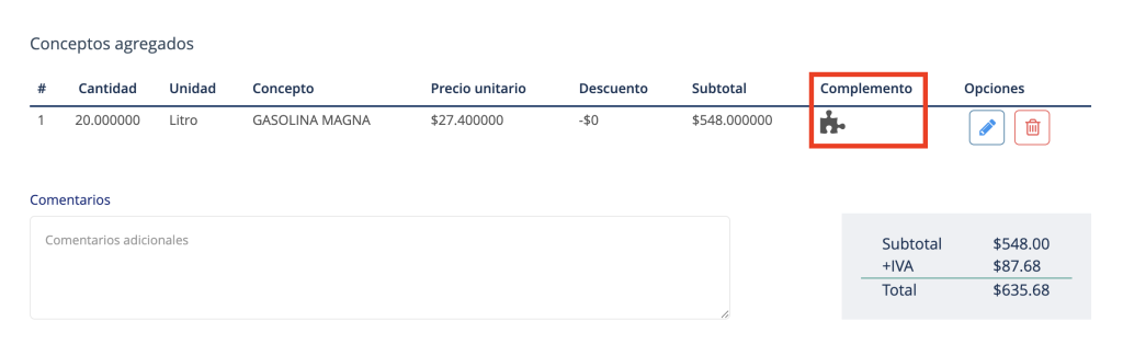 Sección conceptos agregados señalando la columna complemento