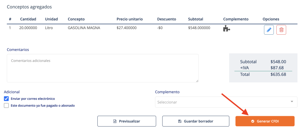 Sección conceptos agregados señalando el botón “Generar CFDI”