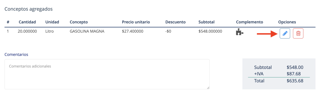 Sección conceptos agregados señalando el botón “Editar”