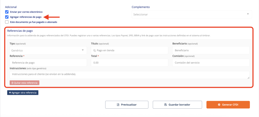 Muestra del formulario para agregar una referencia de pago