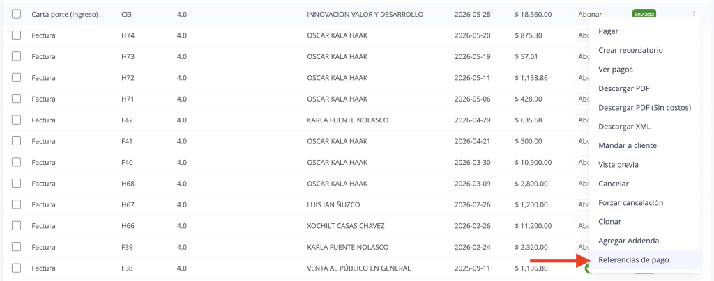 Historial señalando la opción "Referencia de pago"