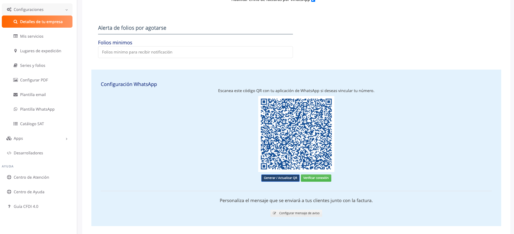 Vista de la configuración para Whatsapp
